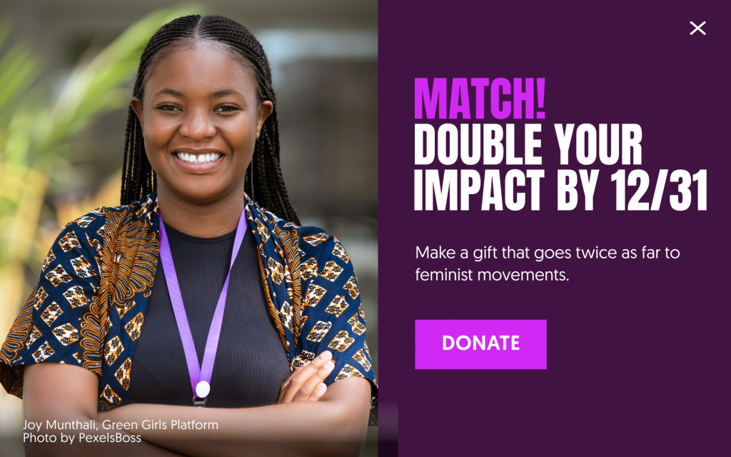 Match! Double your impact by 12/31. Make a gift that goes twice as far to feminist movements. Donate!